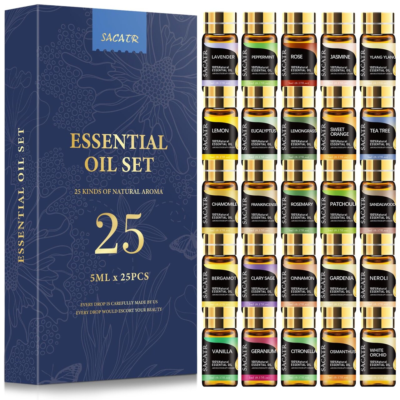 25 Pcs Natural Essential Oil Sets,Essential Oils for Diffuser, Humidifiers, Skin Care, Massage, Fragrance Oil Scent for DIY Candle and Soap Making, Gift for Friend (25 * 5ML)
